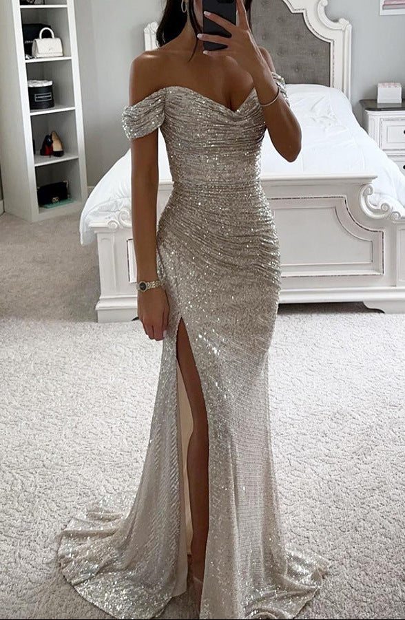 Women silver sequin maxi dress with ruched bodice and off-shoulder sleeves, full length