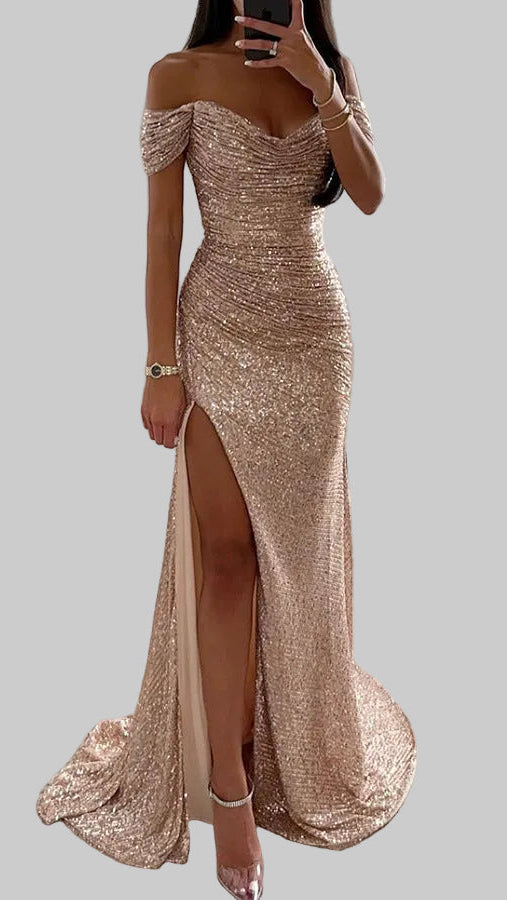 Women rose gold sequin maxi dress with off-shoulder neckline and high split, front view
