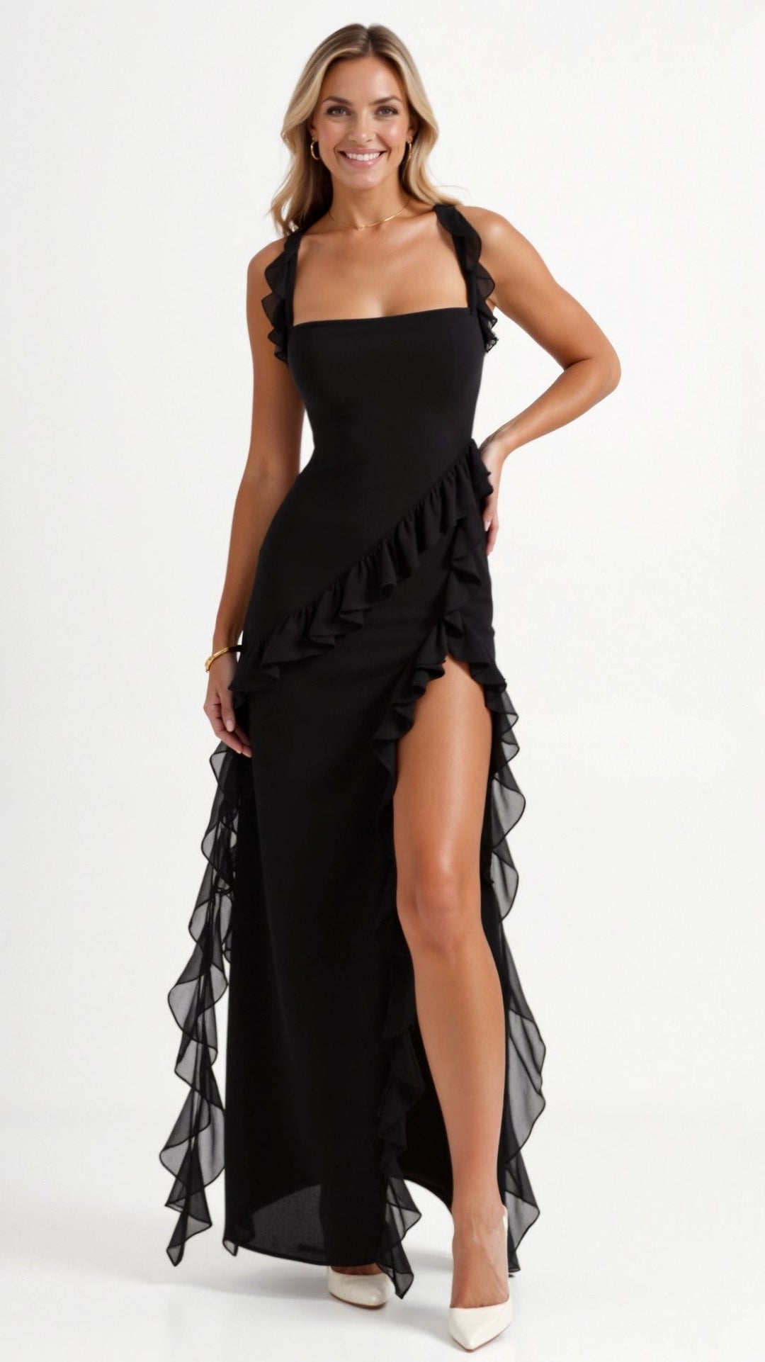 Women black maxi dress featuring ruffle straps, square neckline, and flowing skirt with ruffles