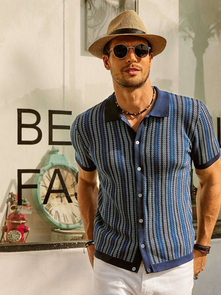 Dark blue striped polo shirt with black contrast cuffs and collar detail