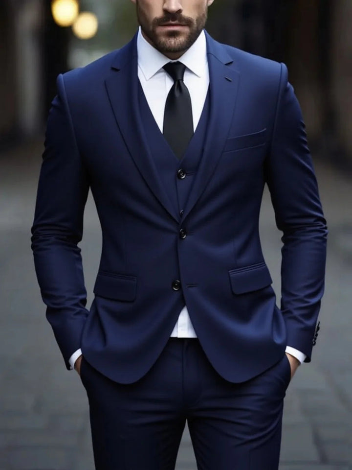 Dark blue double-breasted formal suit with matching vest and tailored fit