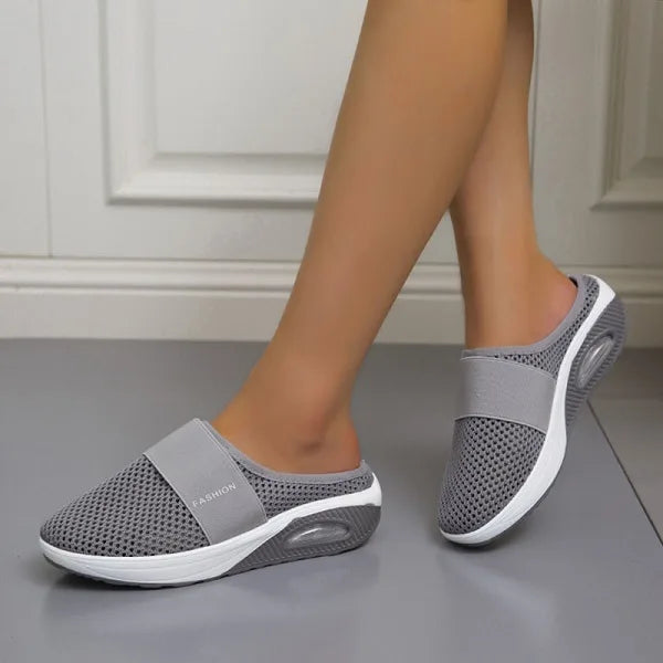 Women gray mesh slip-on mule walking shoes with elastic instep strap and thick white sole