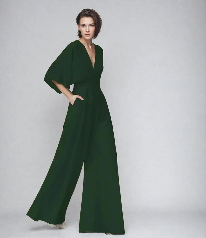 Women green V neck butterfly sleeve jumpsuit with wide trousers and side pockets modeling