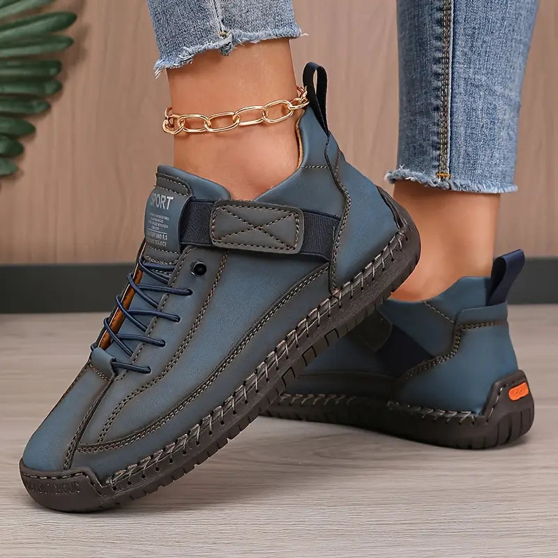 Women blue faux leather lace-up low-profile walking sneakers with textured sole