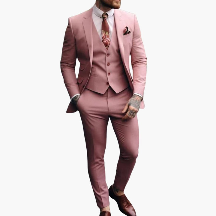 Full-length view of dusty rose formal suit with blazer, vest, and coordinating accessories