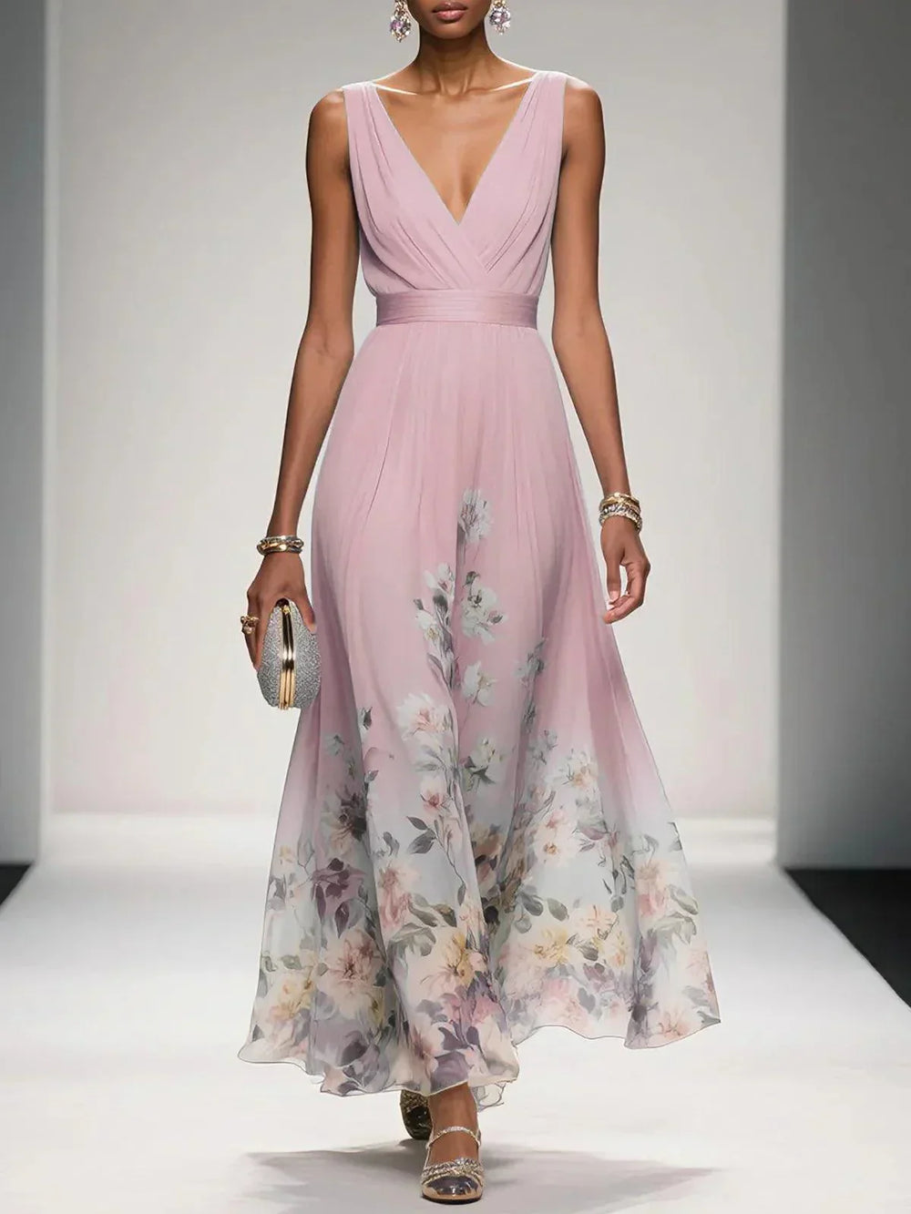 Women pink floral maxi dress with V-neckline, sleeveless, wide waist, and flowing skirt, front view.