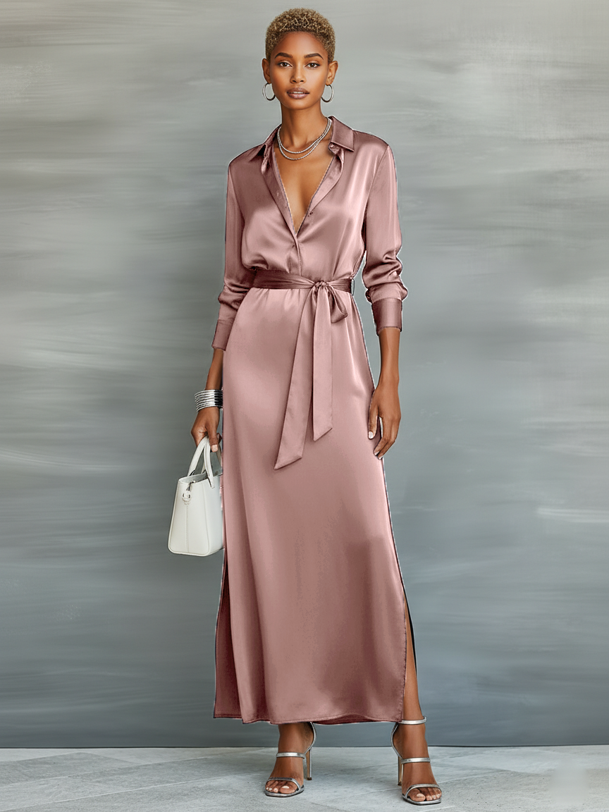 Full length view of women's mauve pink satin maxi collared dress with belt