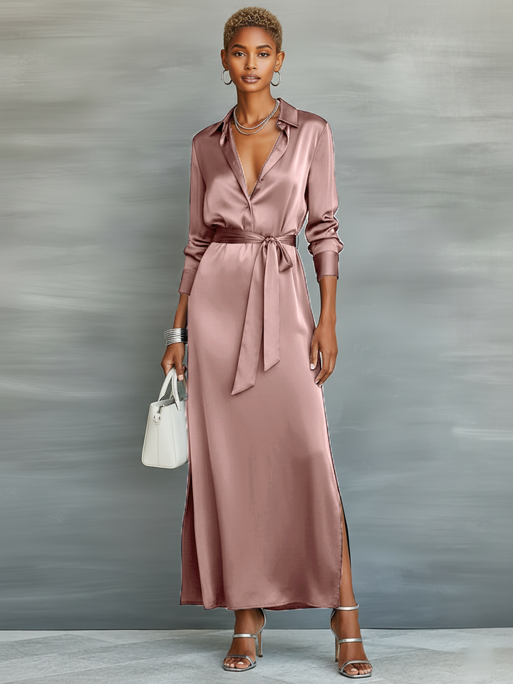 Full length view of women's mauve pink satin maxi collared dress with belt