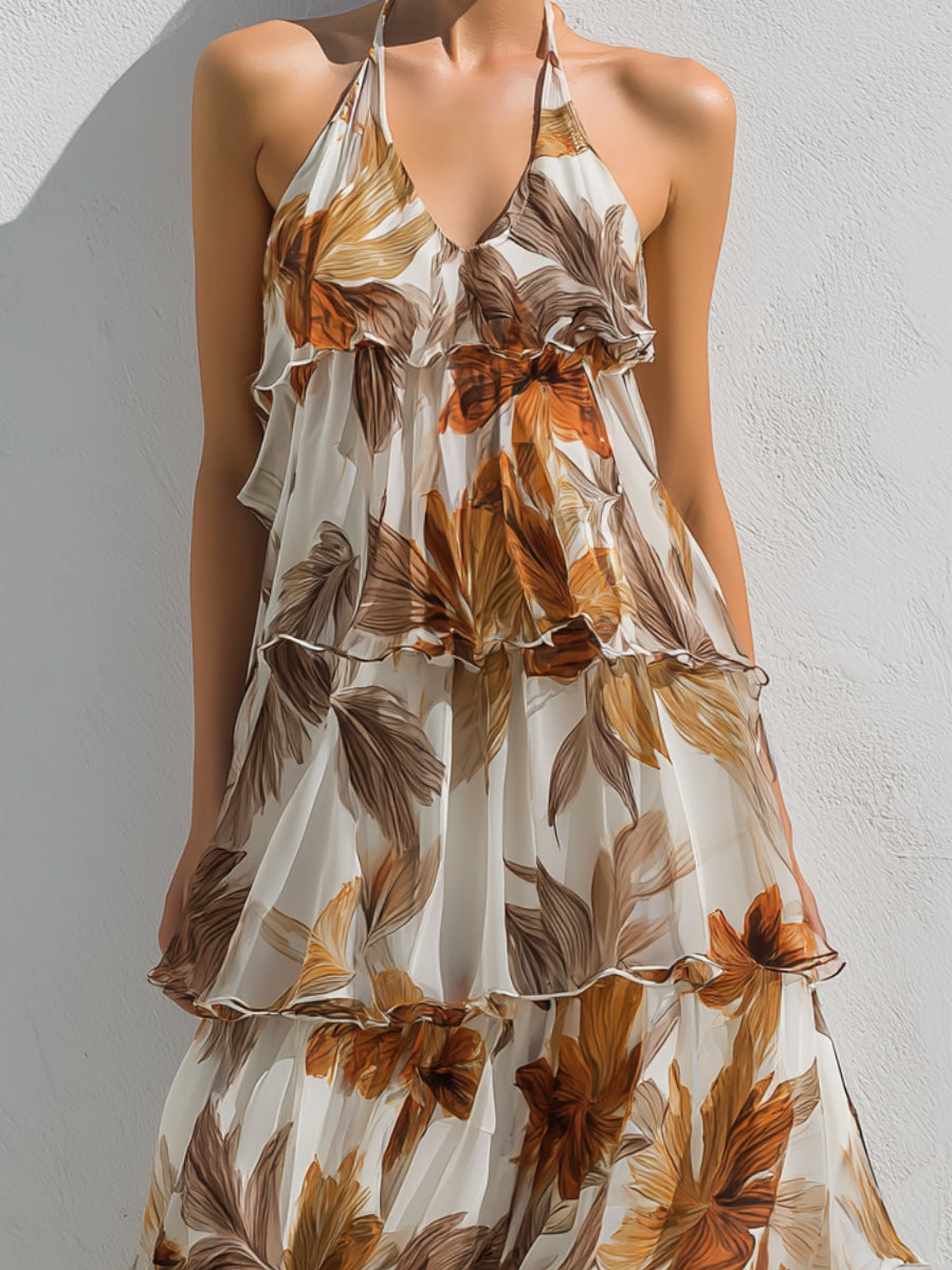 Women white floral halter neck tiered ruffle maxi dress close-up of the bodice and upper skirt tiers.