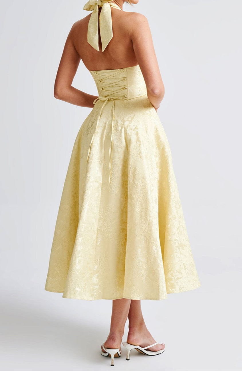 Women yellow floral jacquard midi dress, lace-up back bodice, halter tie, rear view