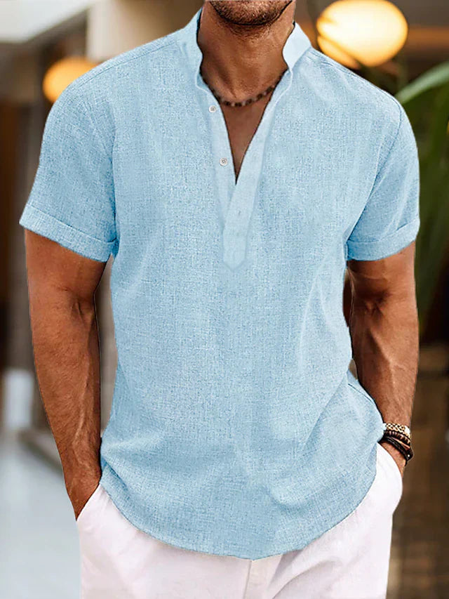 Men light blue short sleeve Henley shirt with band collar and V-neck opening