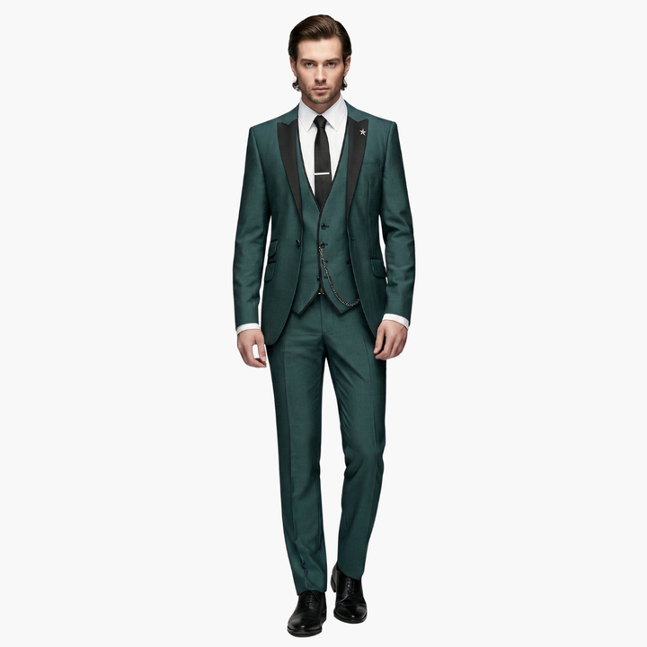 Emerald green formal suit full-length front view with black vest and chain accent