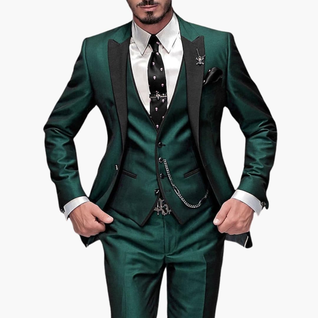 Emerald green three-piece suit with black vest and notch lapel for wedding events