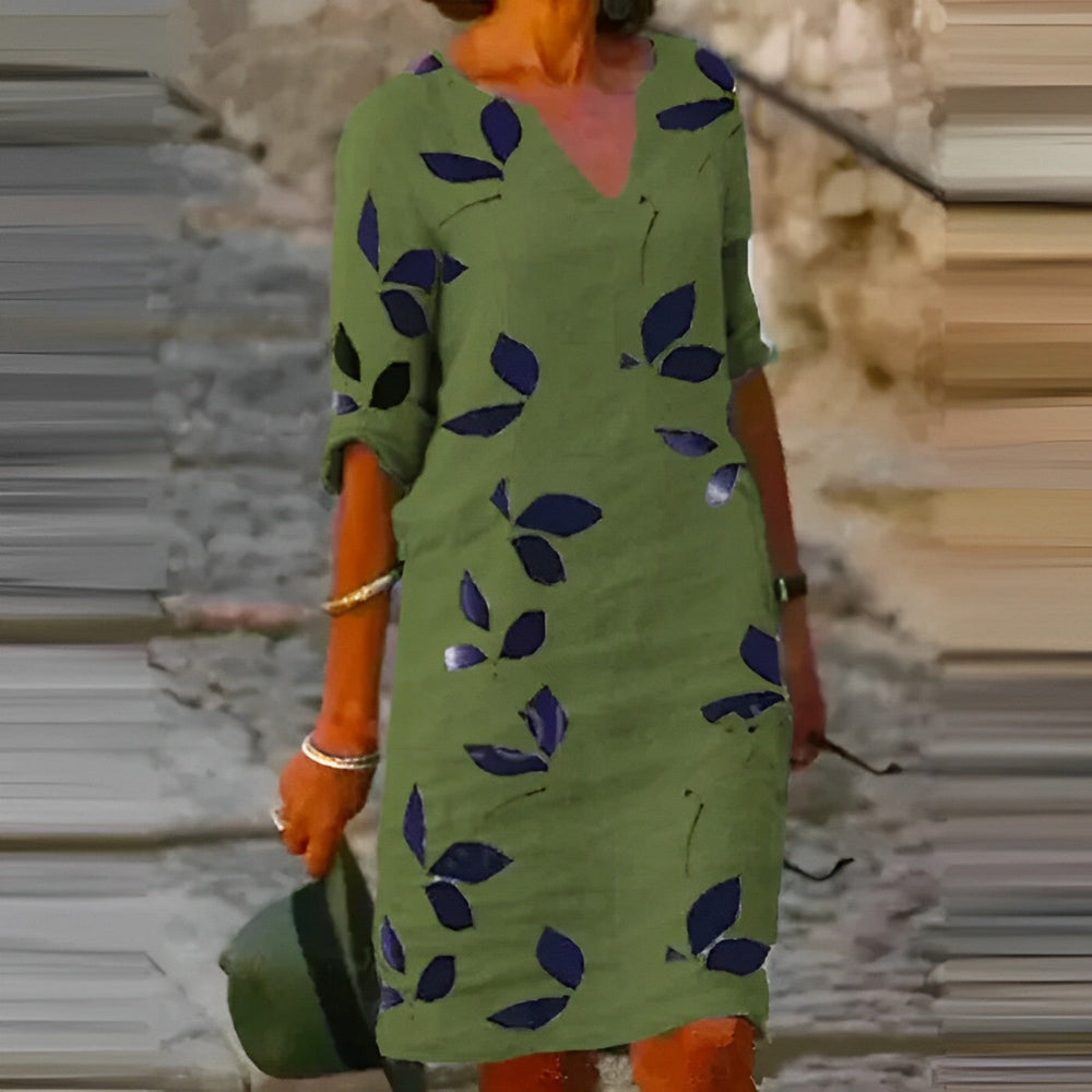 Women green printed V neck mini dress with short sleeves and leaf pattern for summer