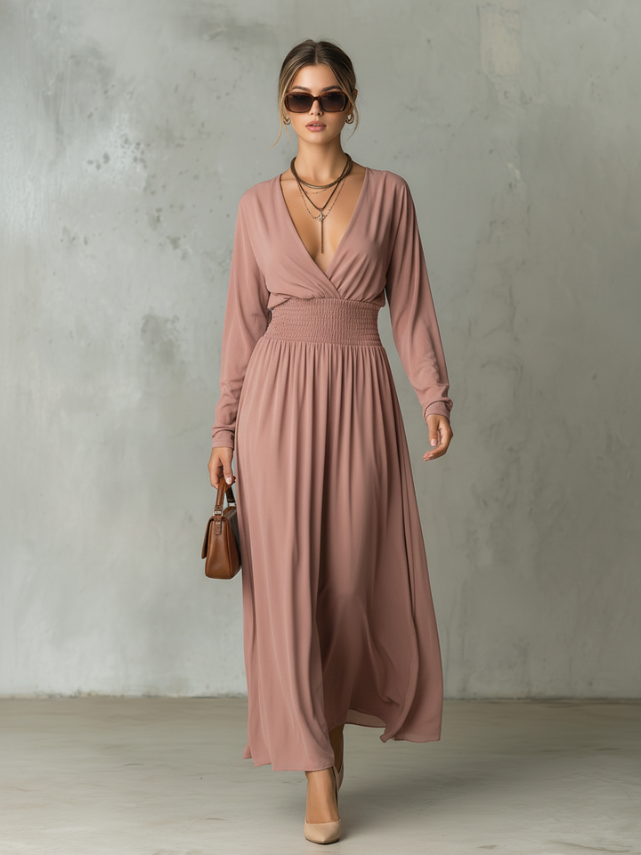 Women rose pink long sleeve V neck maxi dress with smocked waist, full length front