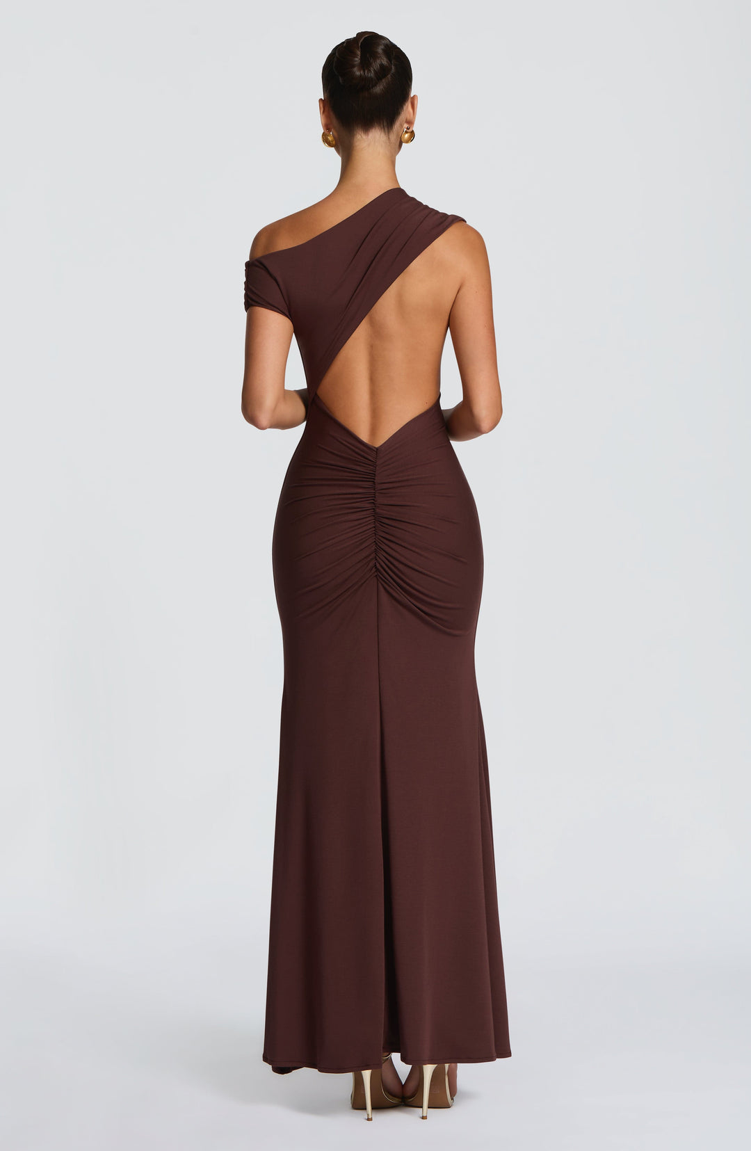 Women plum brown backless one shoulder maxi dress with ruched lower back, rear view