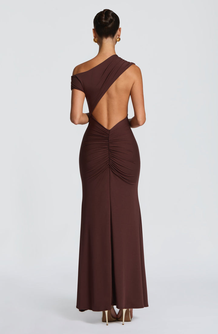 Women plum brown backless one shoulder maxi dress with ruched lower back, rear view