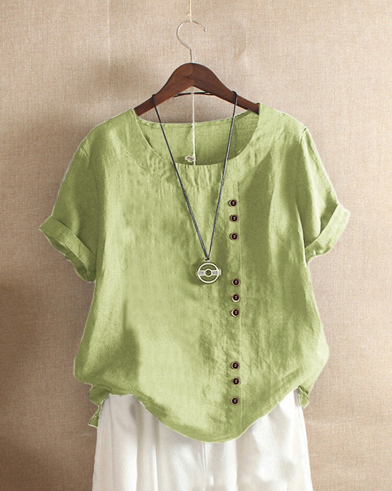 Women Spring Elegant Button Detail Casual Linen Blouse