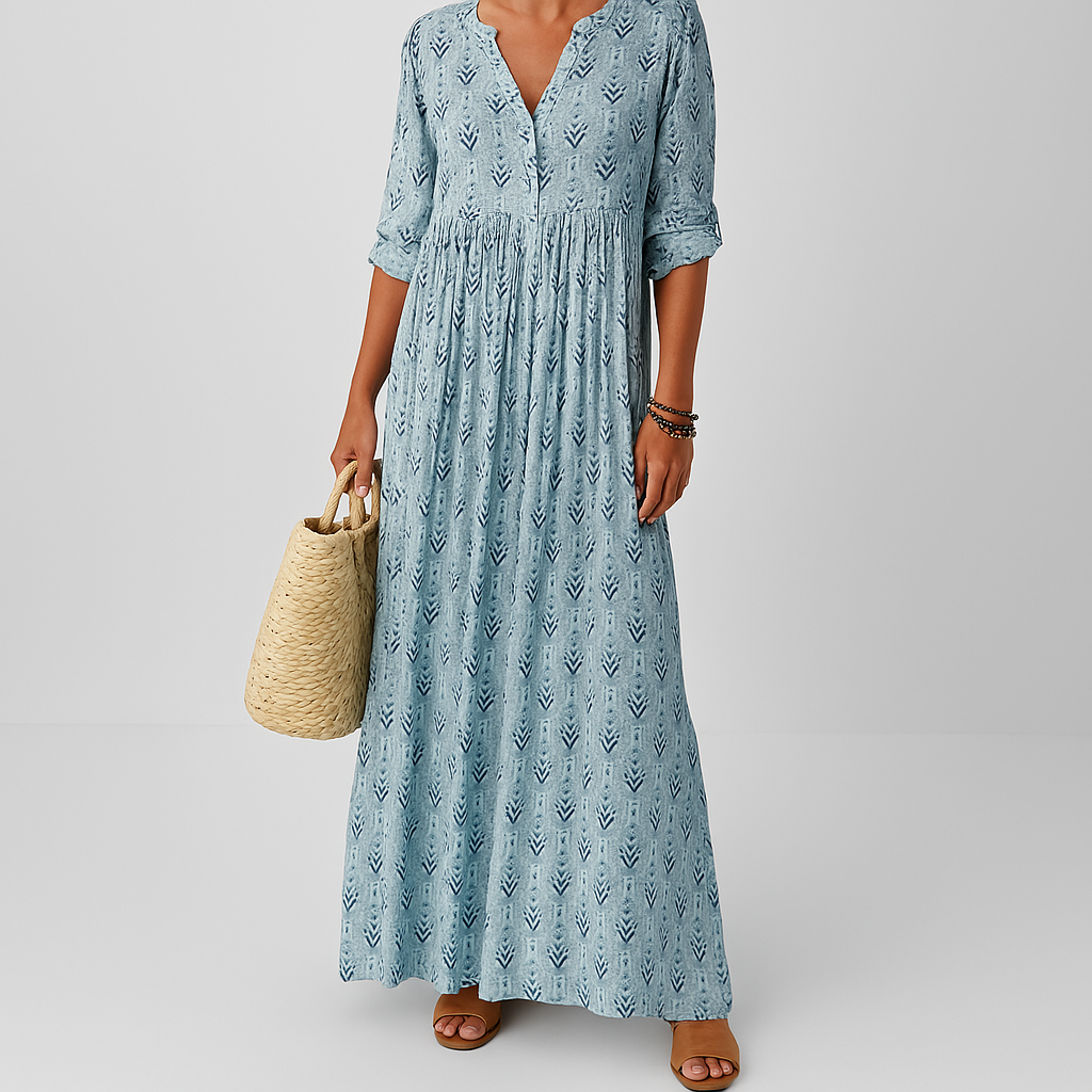 Women light blue printed V neck maxi dress, three-quarter sleeves