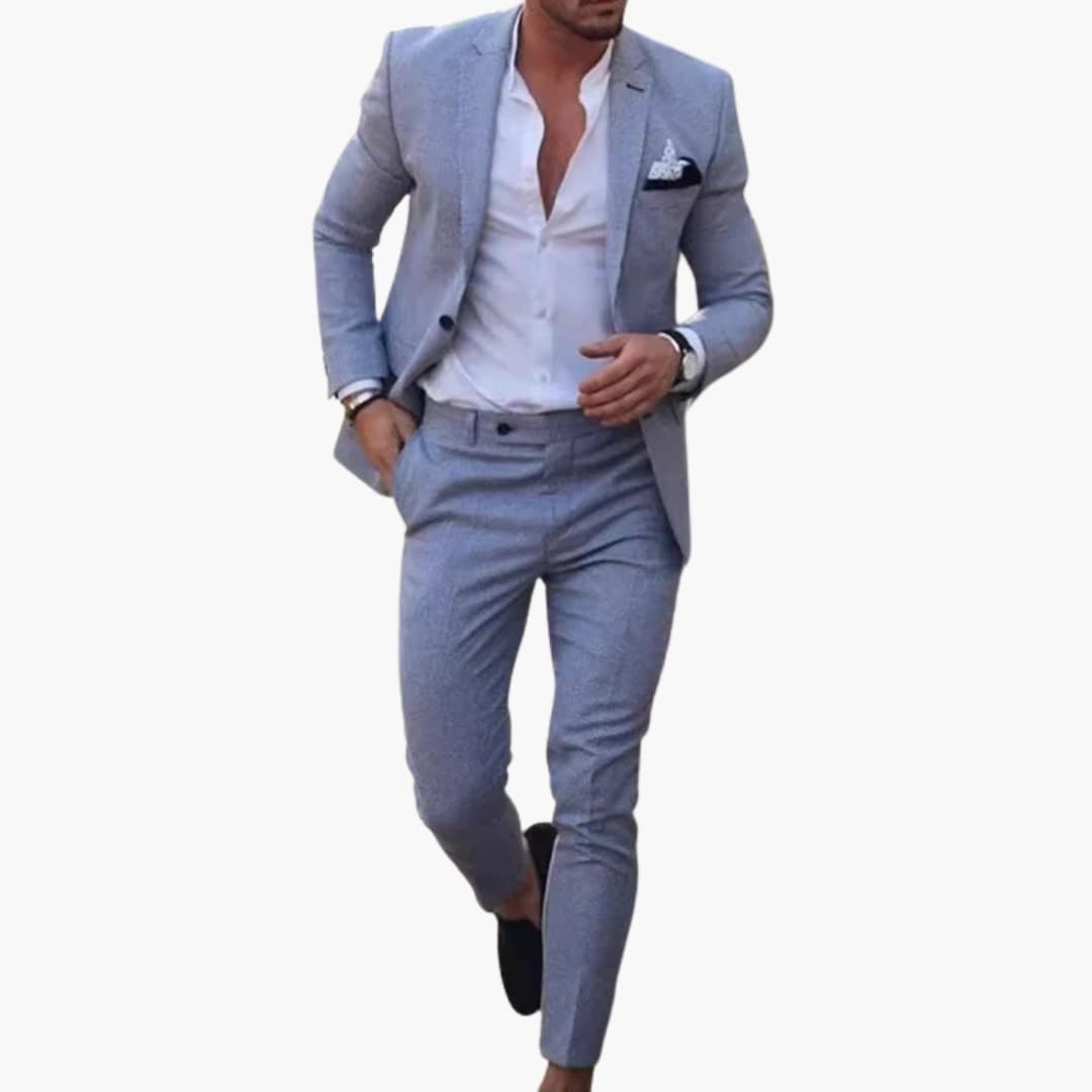 Gray-blue wool blend formal suit with single-breasted jacket and cropped trousers