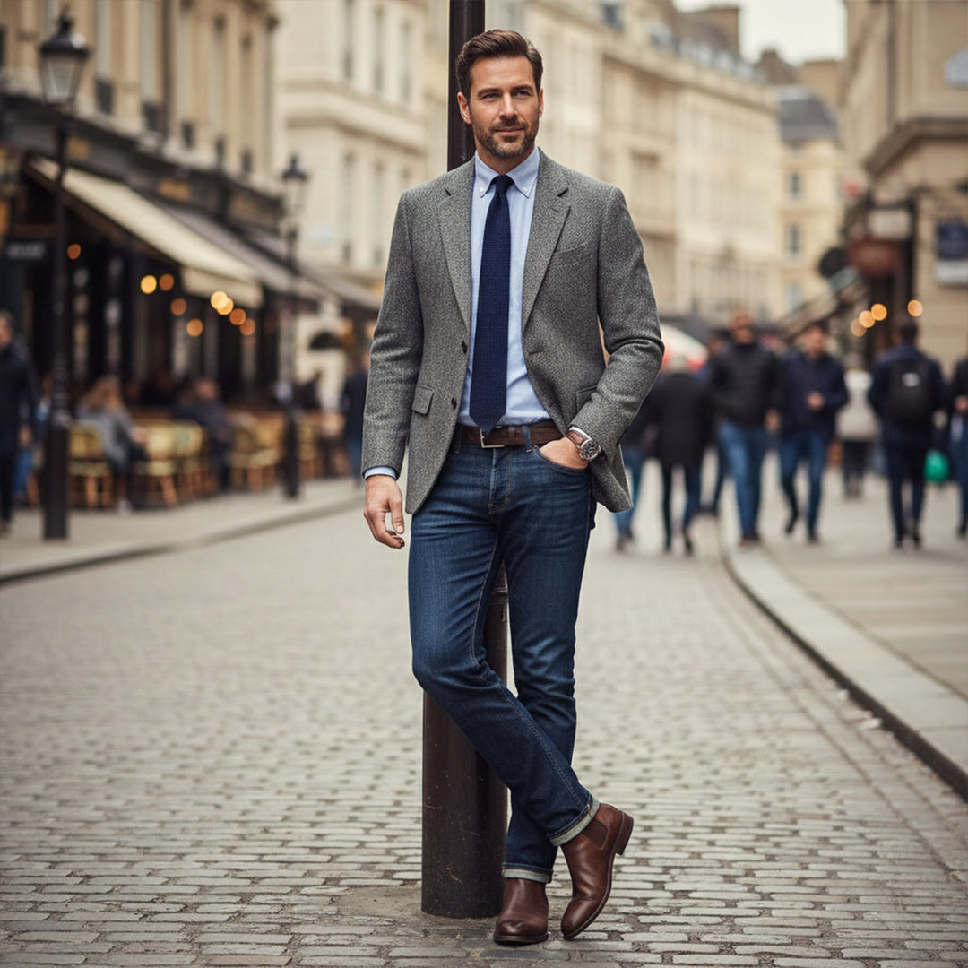 Gray herringbone blazer worn with light blue shirt and navy tie