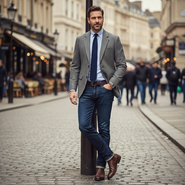 Gray herringbone blazer worn with light blue shirt and navy tie