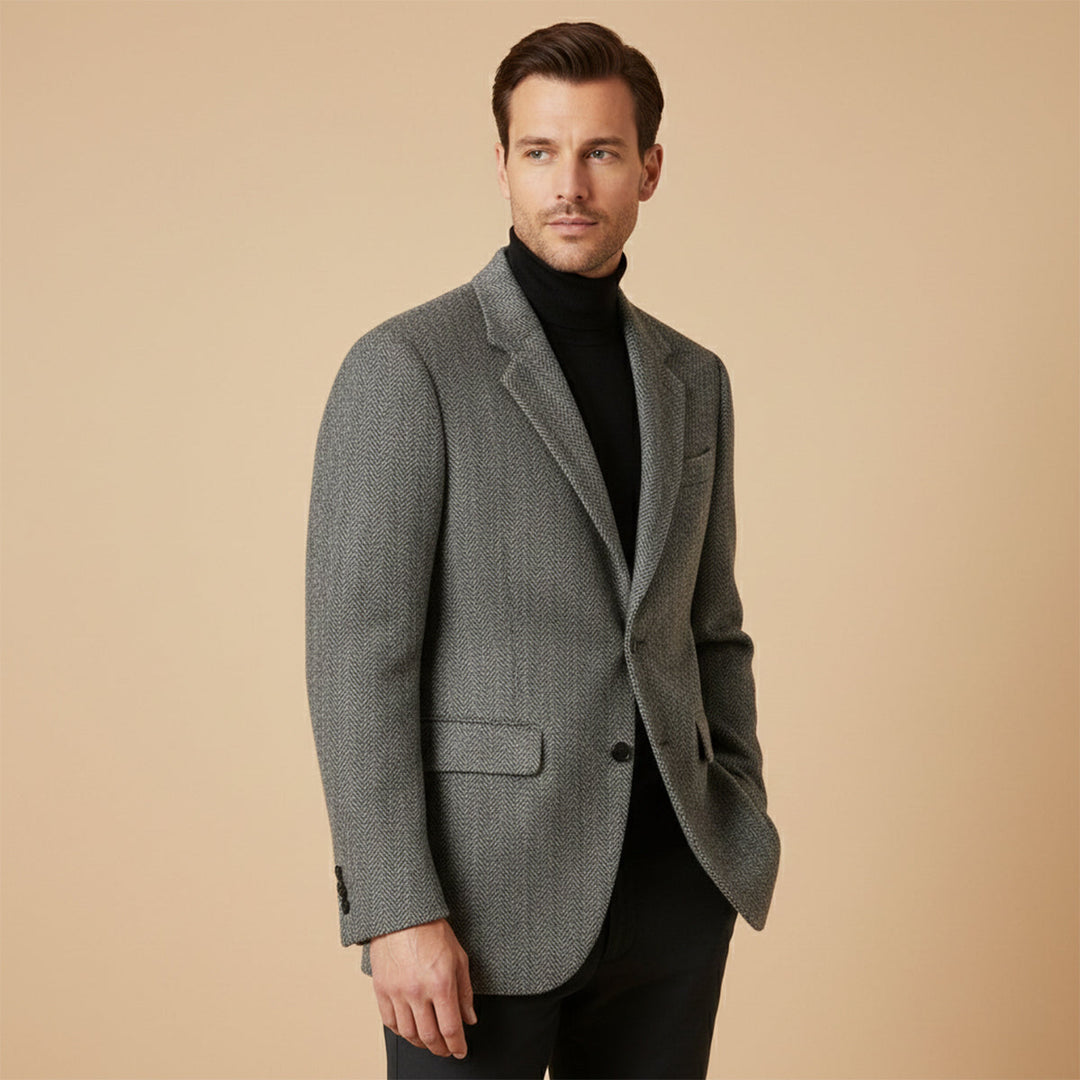 Gray herringbone blazer styled with black turtleneck sweater