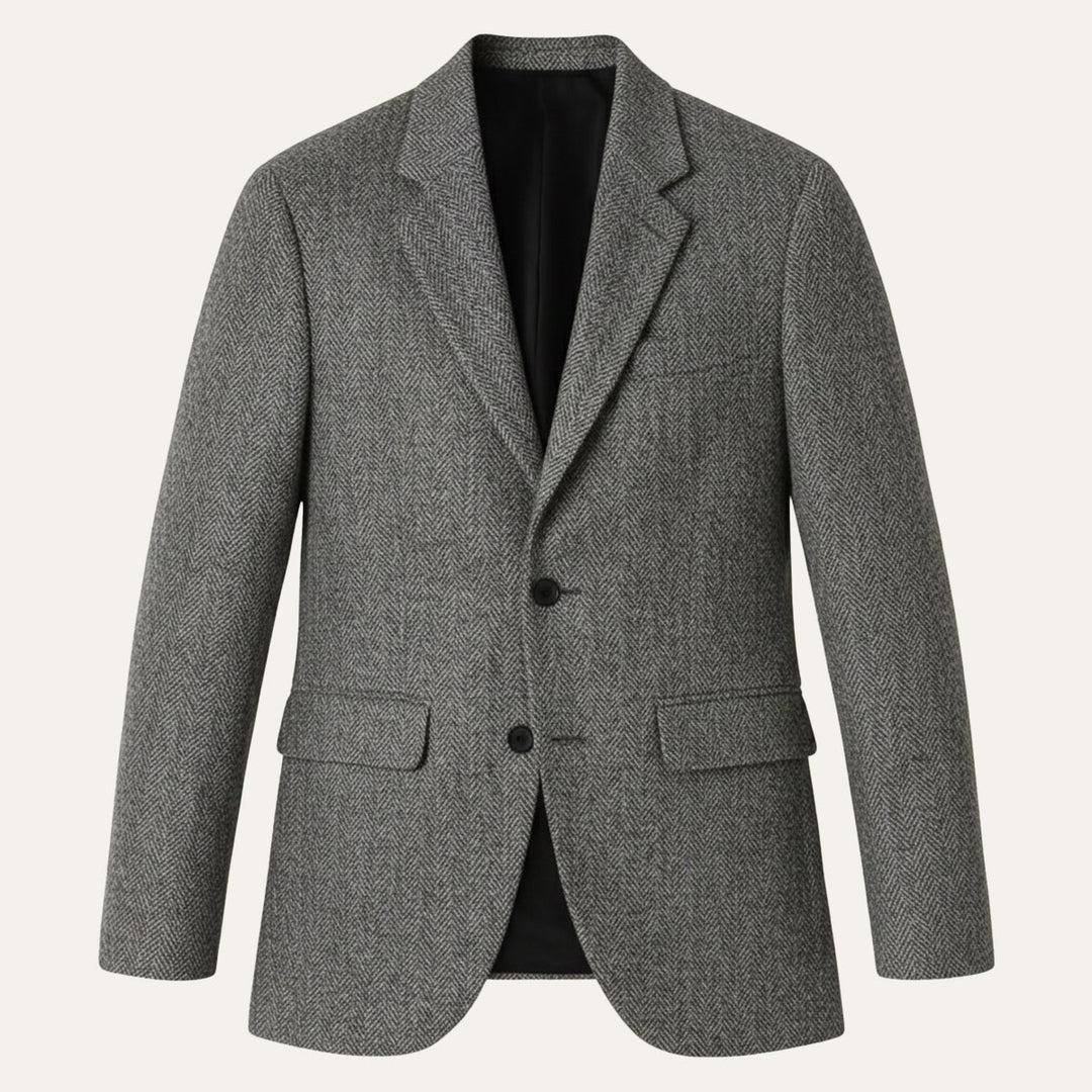 Gray wool herringbone tailored blazer with single button closure