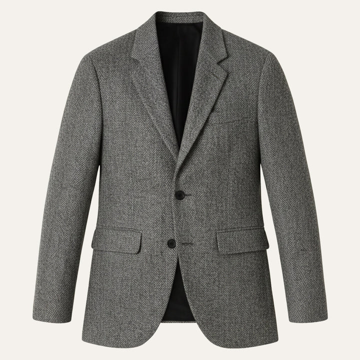 Gray wool herringbone tailored blazer with single button closure