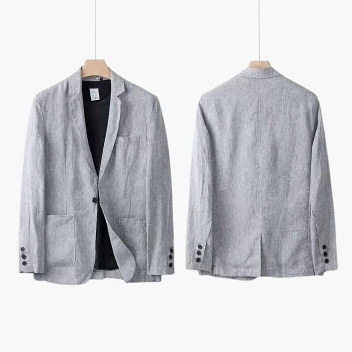 Gray linen blazer front and back with notch lapel and button cuffs
