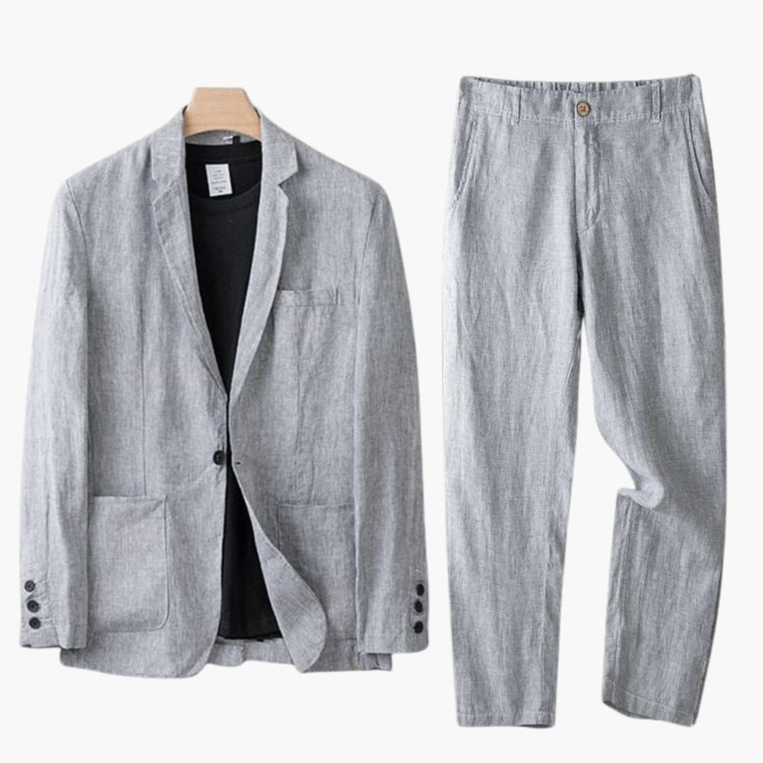 Light gray linen blazer with notch lapel and gray straight pants set