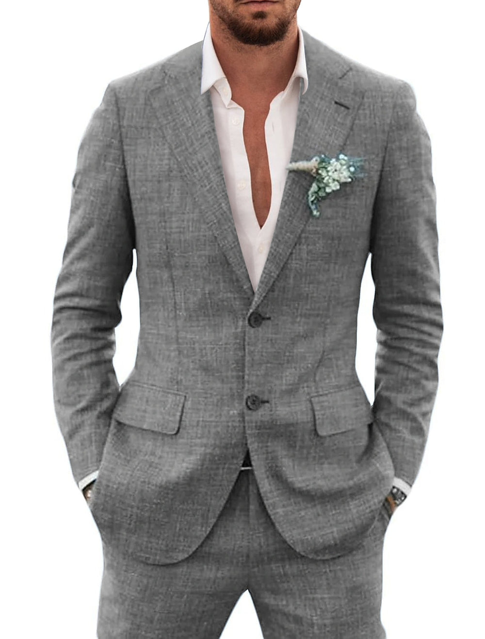 Gray tailored formal suit with notched lapel and matching trousers, front view with white shirt