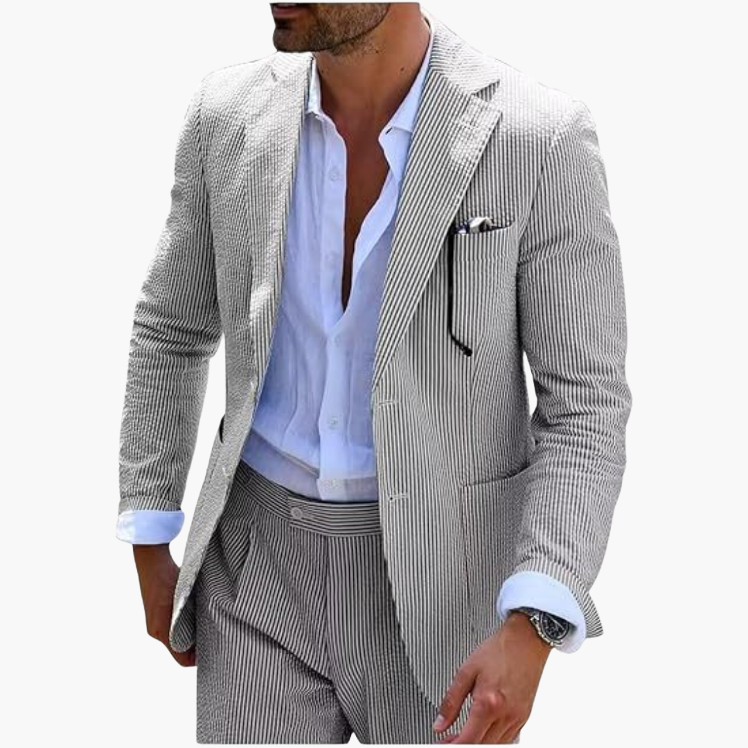 Gray pinstripe blazer with notch lapels and chest pocket detail
