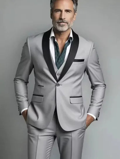 Silver gray three piece formal suit with black vest tailored fit front