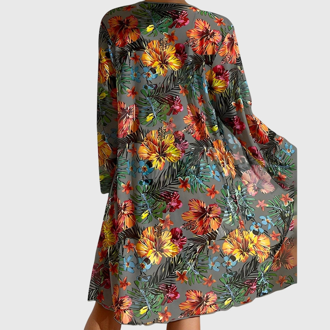 Gray tropical floral cover-up robe back view with long sleeves and A-line silhouette
