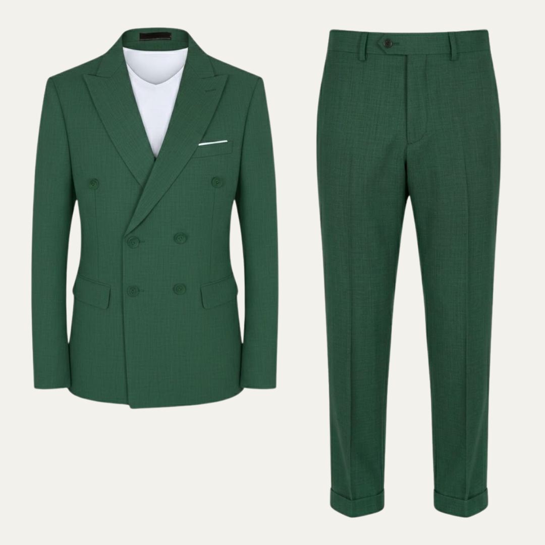 Forest green double-breasted blazer with matching trousers and visible button details