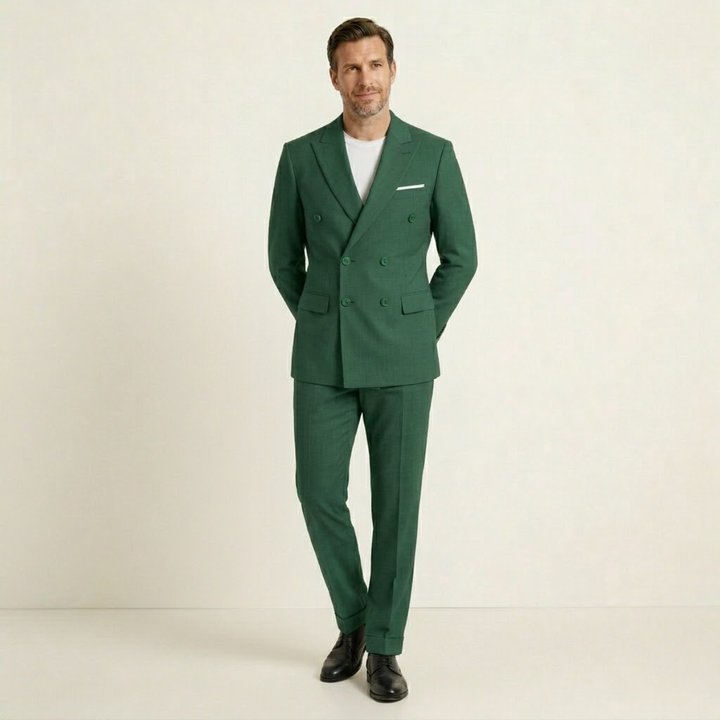 Man in forest green double-breasted blazer suit with white undershirt and pocket square
