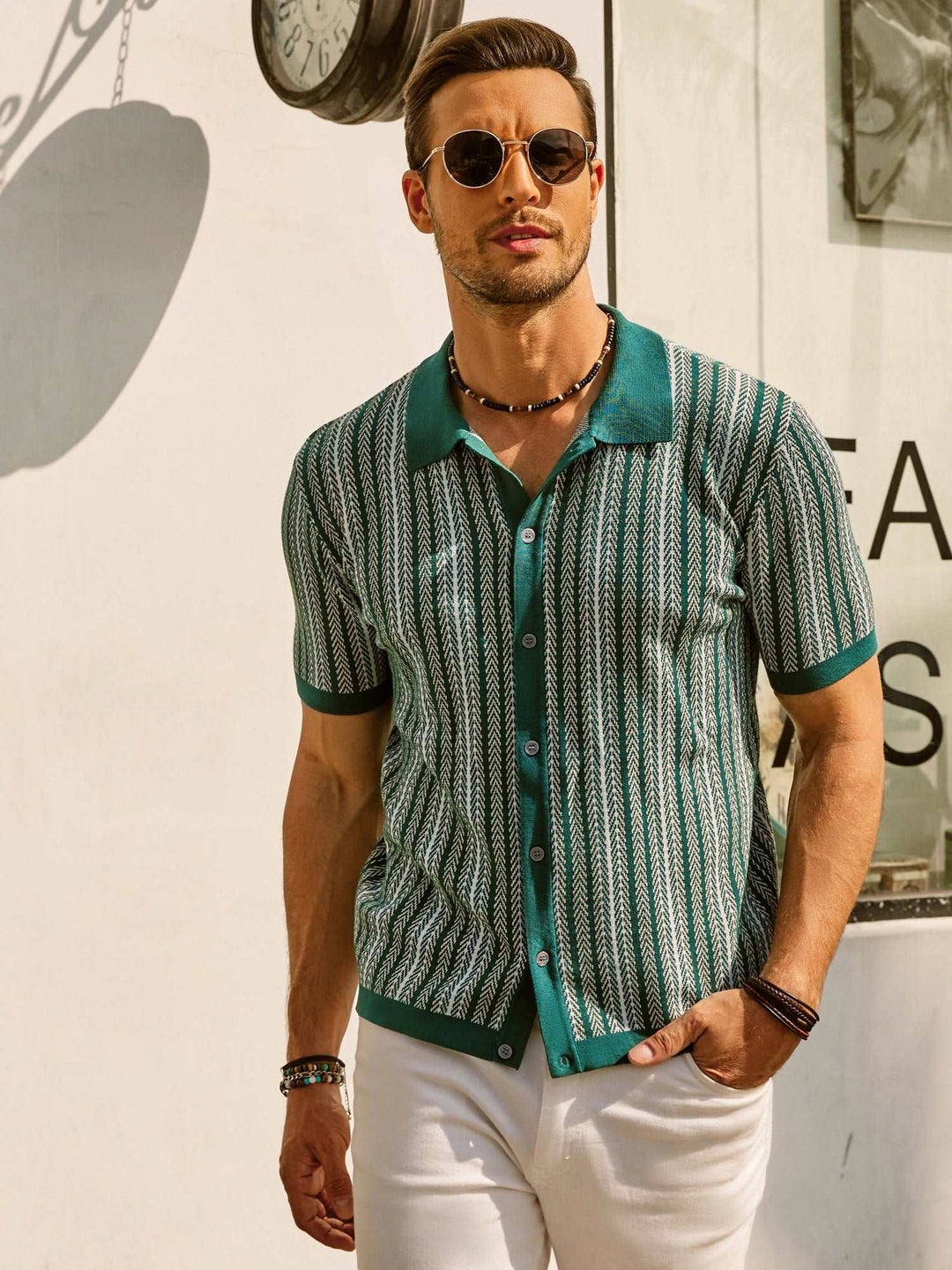 Green and cream striped short sleeve polo with teal contrast collar and cuffs
