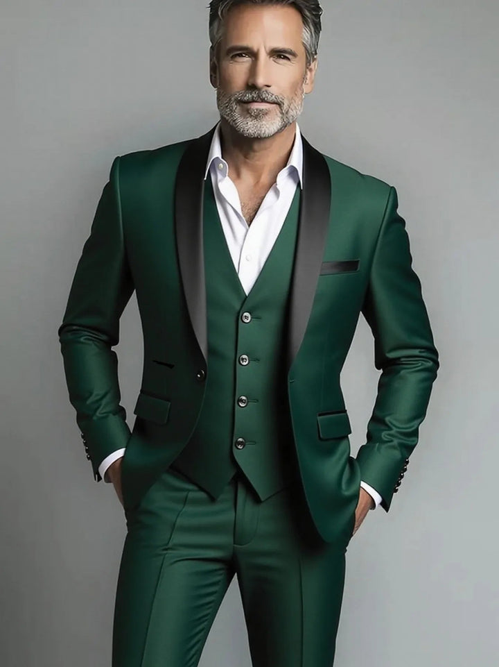 Emerald green three piece formal suit with black vest tailored fit front
