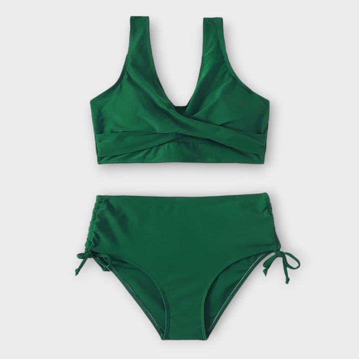Green wrap crossover bikini with v-neckline top and ruched tie-side bottoms