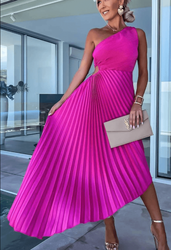 Women Spring Elegant One Shoulder Pleated Maxi Dress