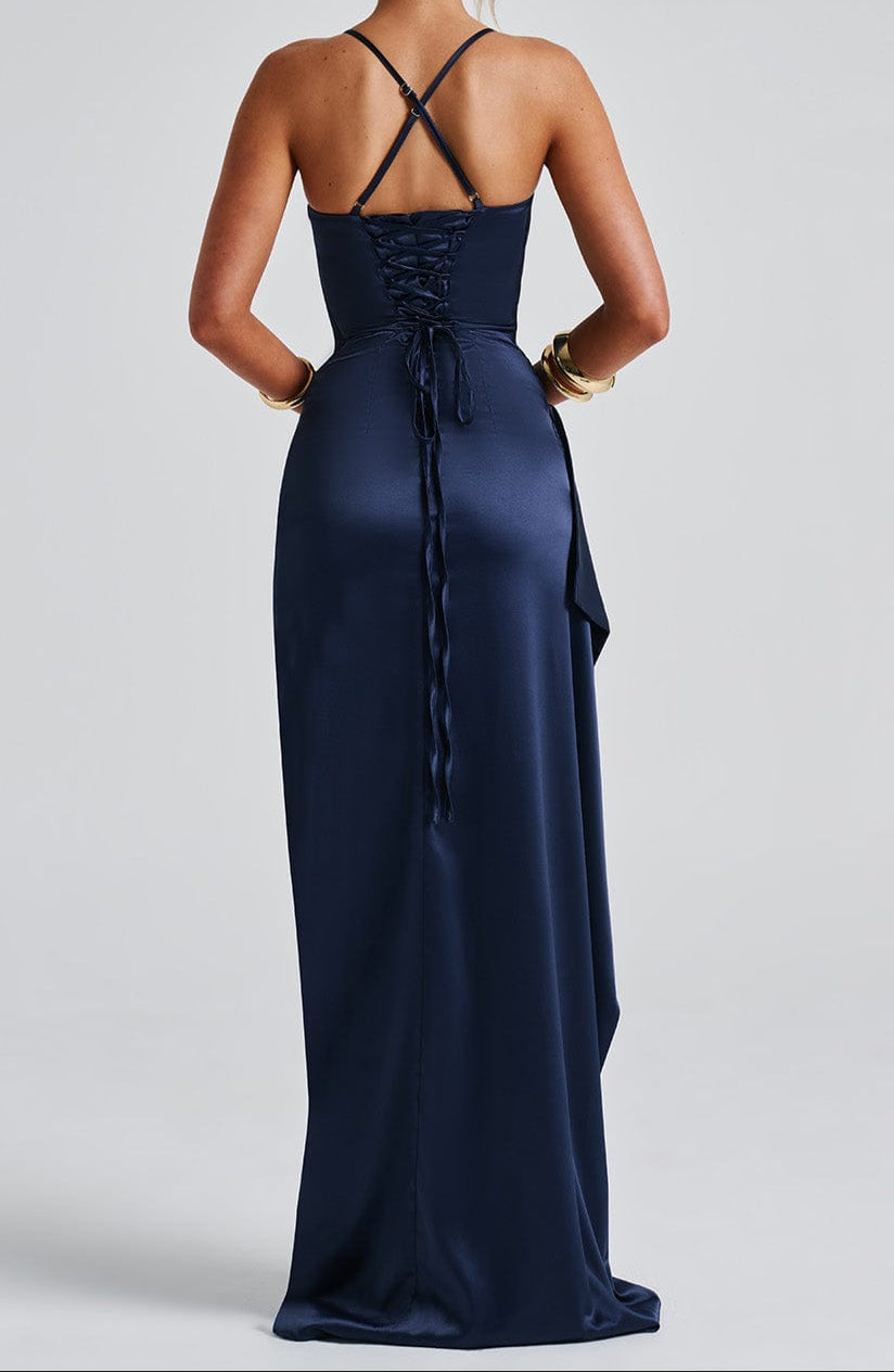 Women navy ruched maxi dress with lace-up back detail and long flowing skirt