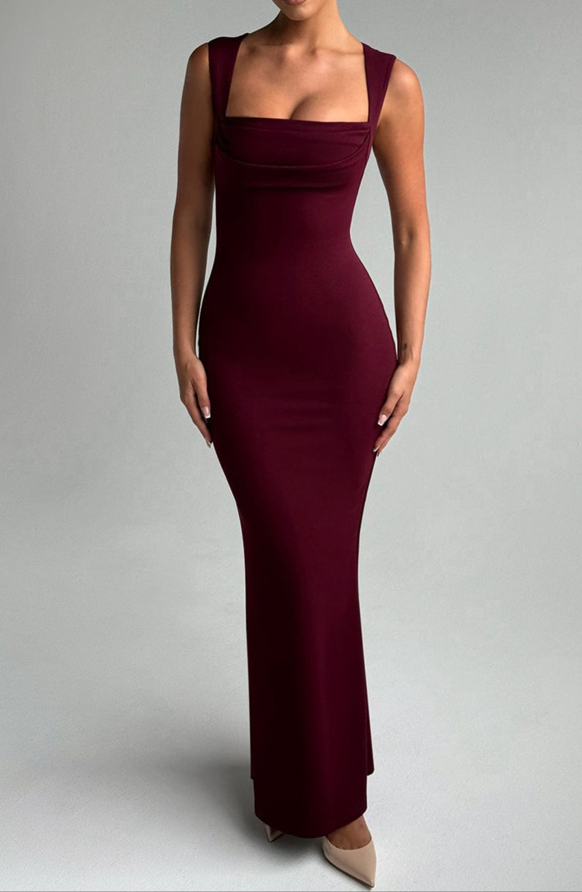 Women's burgundy maxi dress with square neckline and ruched bust, front view, fitted silhouette
