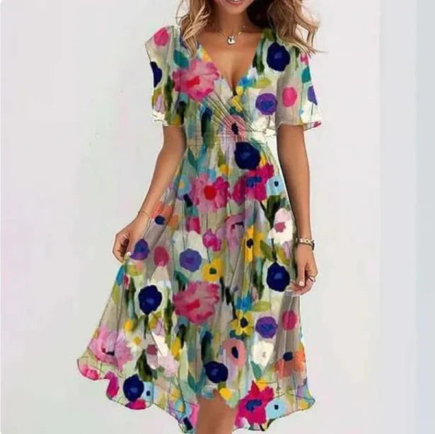 Women V Neck Short Sleeve Casual Midi Summer Dress
