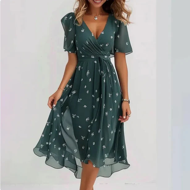 Women dark green floral midi wrap dress with V-neck and ruffled short sleeves
