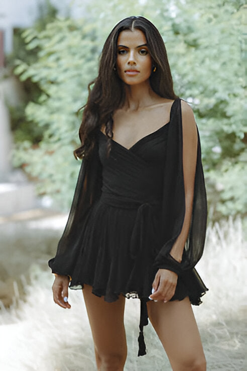 Women black mini dress with V-neck, flowing sleeves, and self-tie waist detail