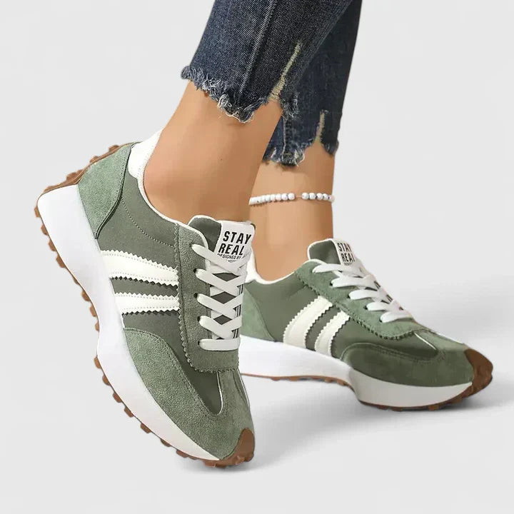 Women's green lace-up sneakers with white stripes, suede-like and smooth material with ankle bracelet