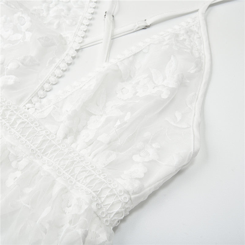 Women Spring Elegant White Floral Lace V-Neck Midi Summer Dress
