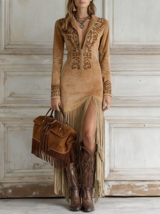 Women tan long sleeve embroidered maxi dress with full fringe hem and high side slit, front view