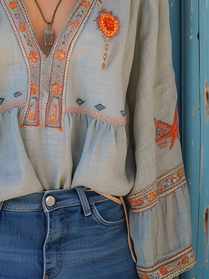 Women light blue embroidered blouse showing lower bodice and part of lantern sleeve design